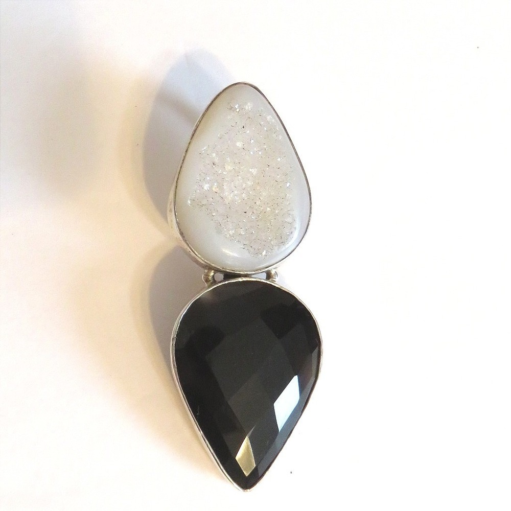 Large Sterling‎ Silver Druzy Agate Onyx Gemstone Pendant